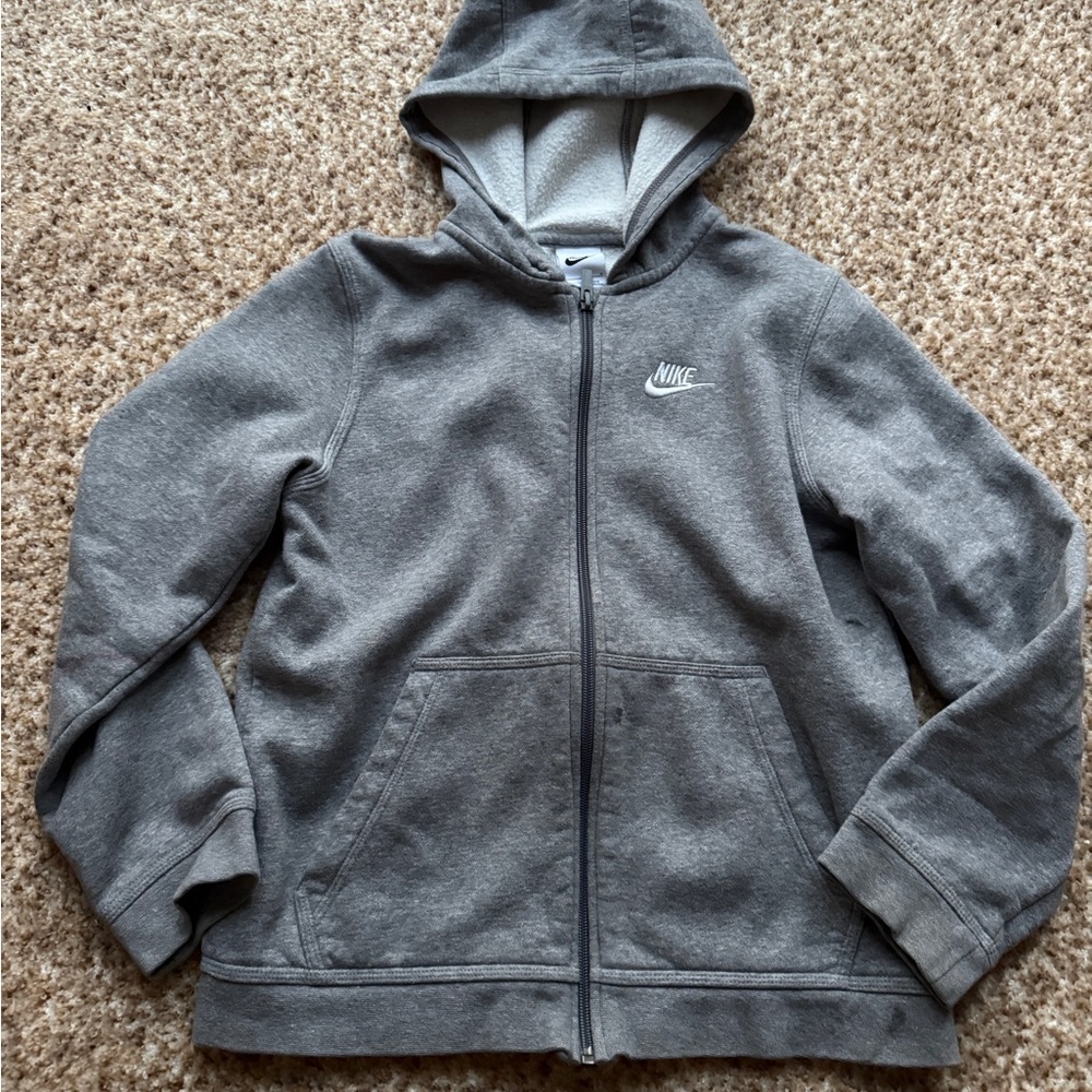 Nike Kids Gray full zip Hoodie size large gray, smalll stain in pic